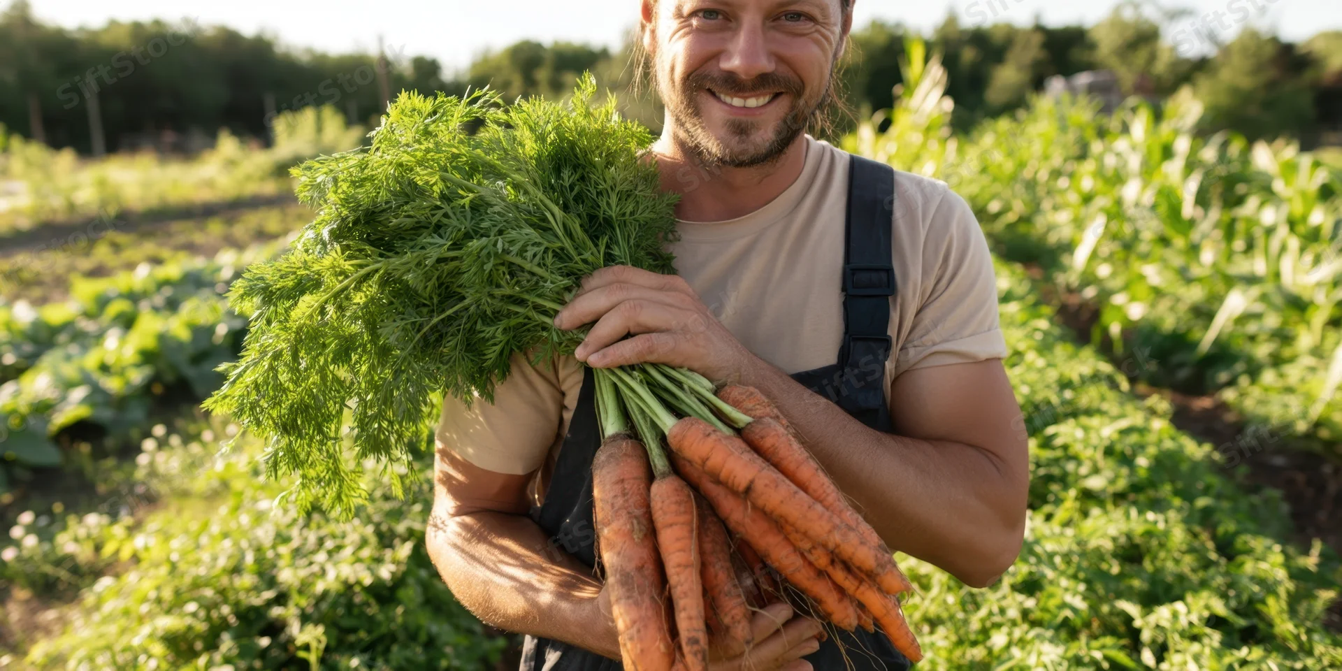 Man holding freshly harvested carrots in a garden field