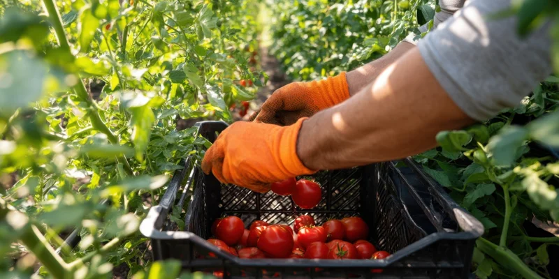 Farmer harvesting ripe red tomatoes into a black plastic basket in a sunlit greenhouse garden
