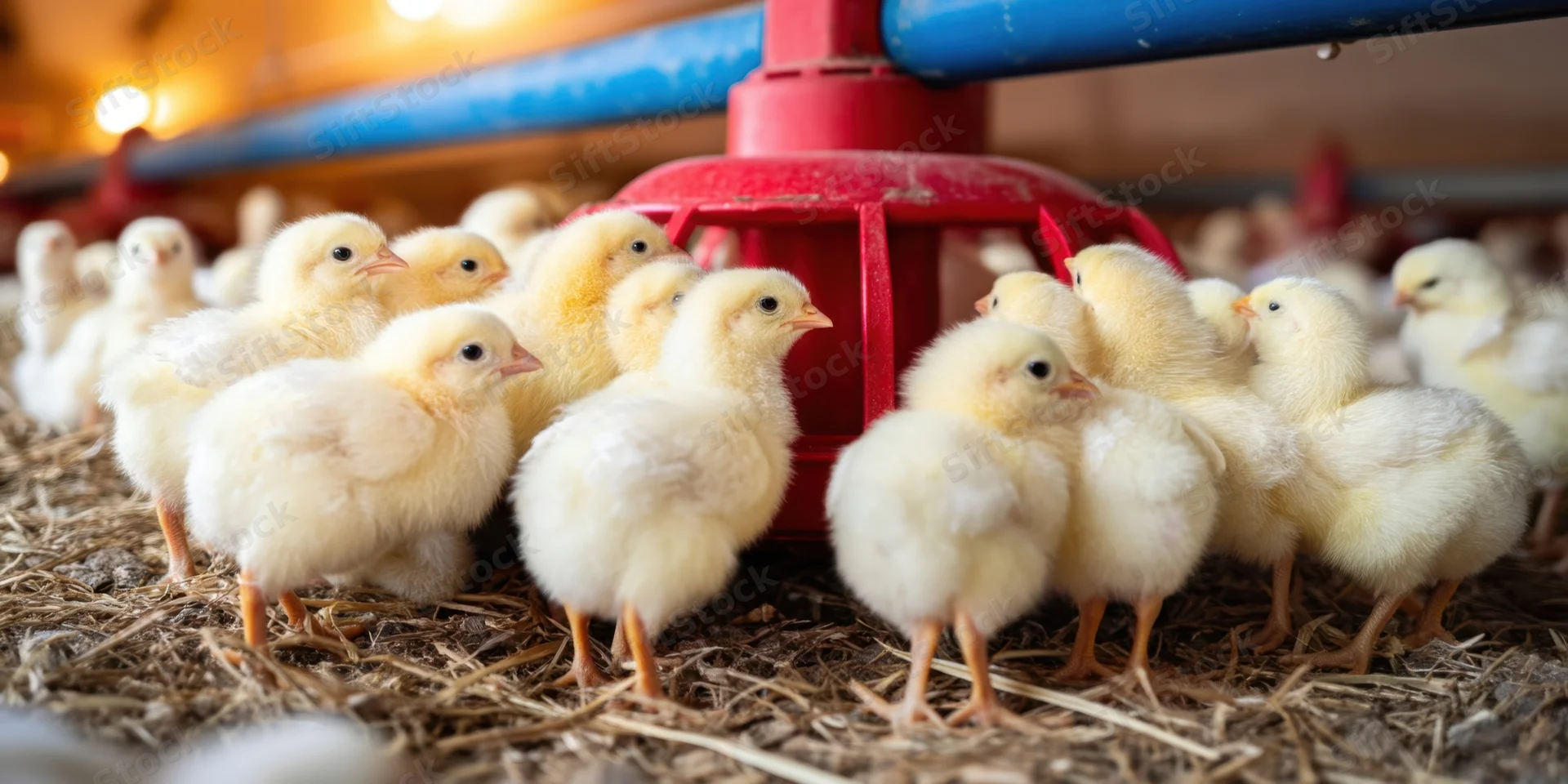 Fluffy pale-yellow chicks gathered around a red waterer in a straw-lined brooder