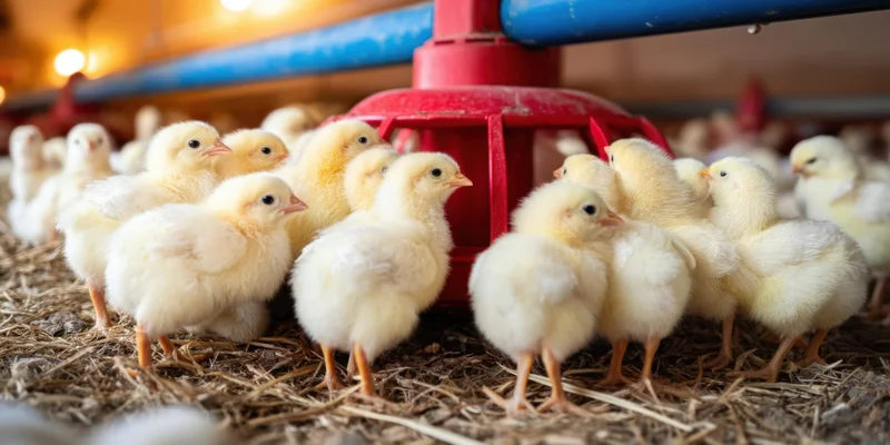 Fluffy pale-yellow chicks gathered around a red waterer in a straw-lined brooder