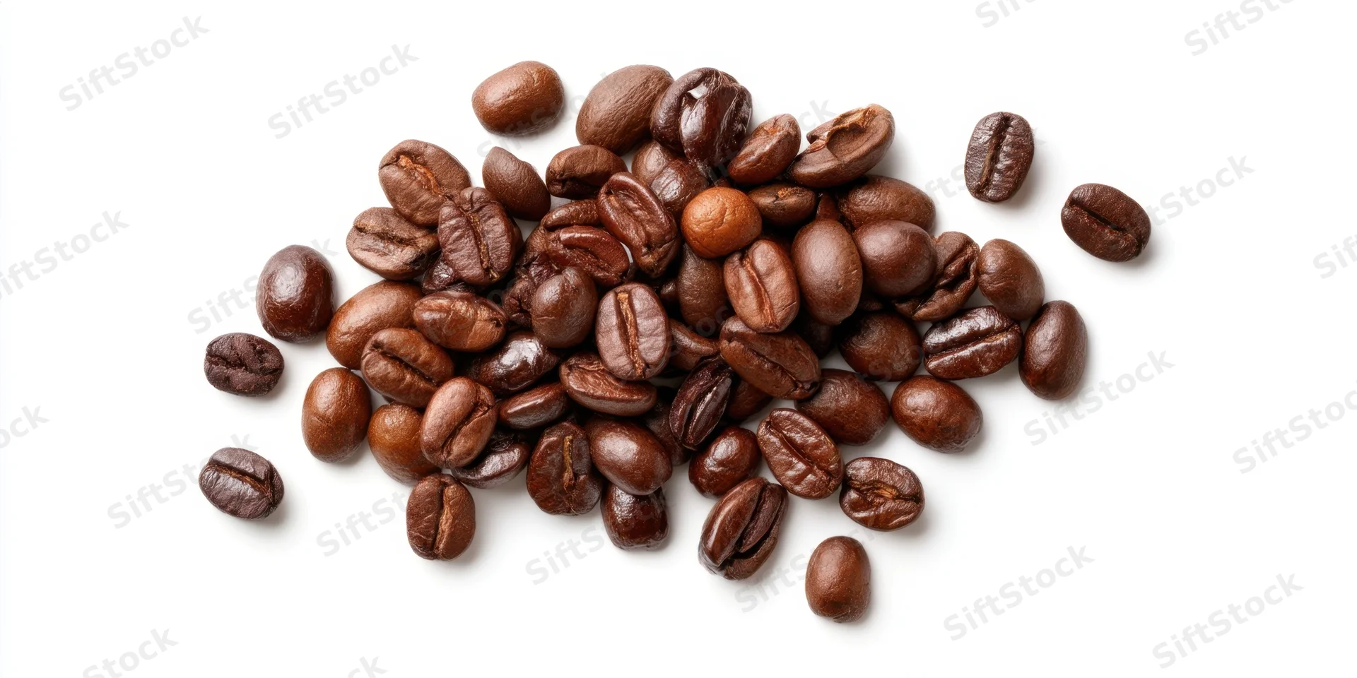 Roasted coffee beans scattered in a pile on a white background
