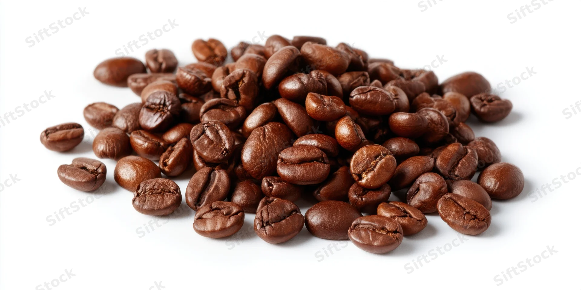 Roasted coffee beans scattered in a pile on a white background