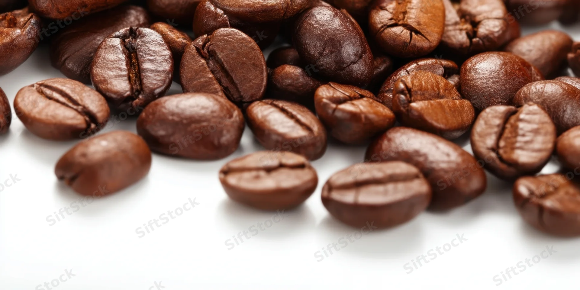 Roasted coffee beans scattered across a white surface in closeup view