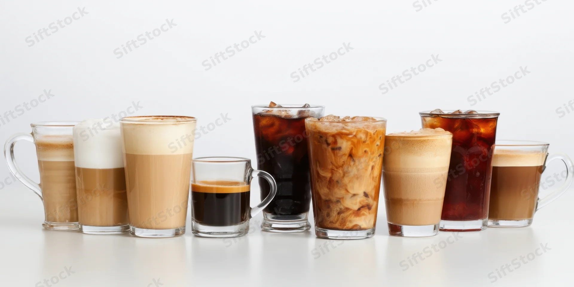 Assorted coffee drinks in clear glassware arranged in a row on a white surface