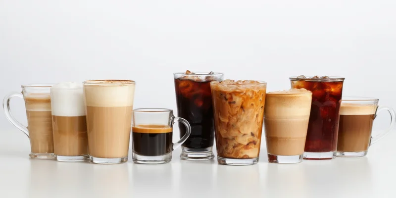 Assorted coffee drinks in clear glassware arranged in a row on a white surface