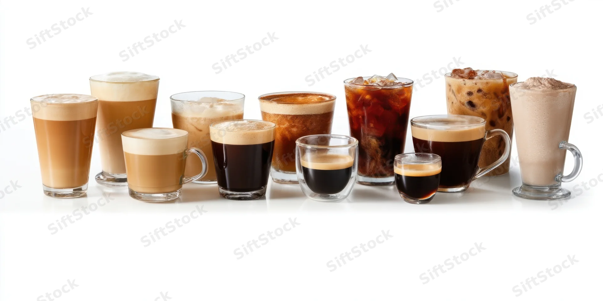 Assorted coffee drinks in clear glassware arranged in a row on white background