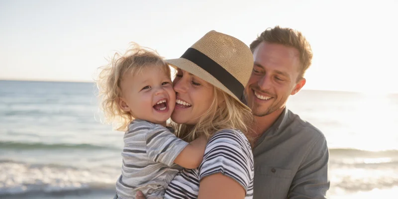 Mother holding laughing toddler while father smiles beside them on sunlit beach