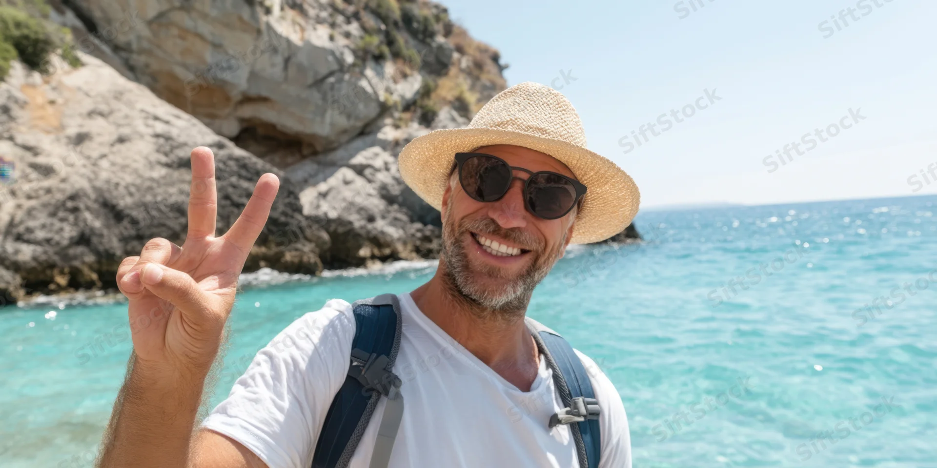 Smiling man in straw hat and sunglasses making peace sign by turquoise sea with rocky cliff behind