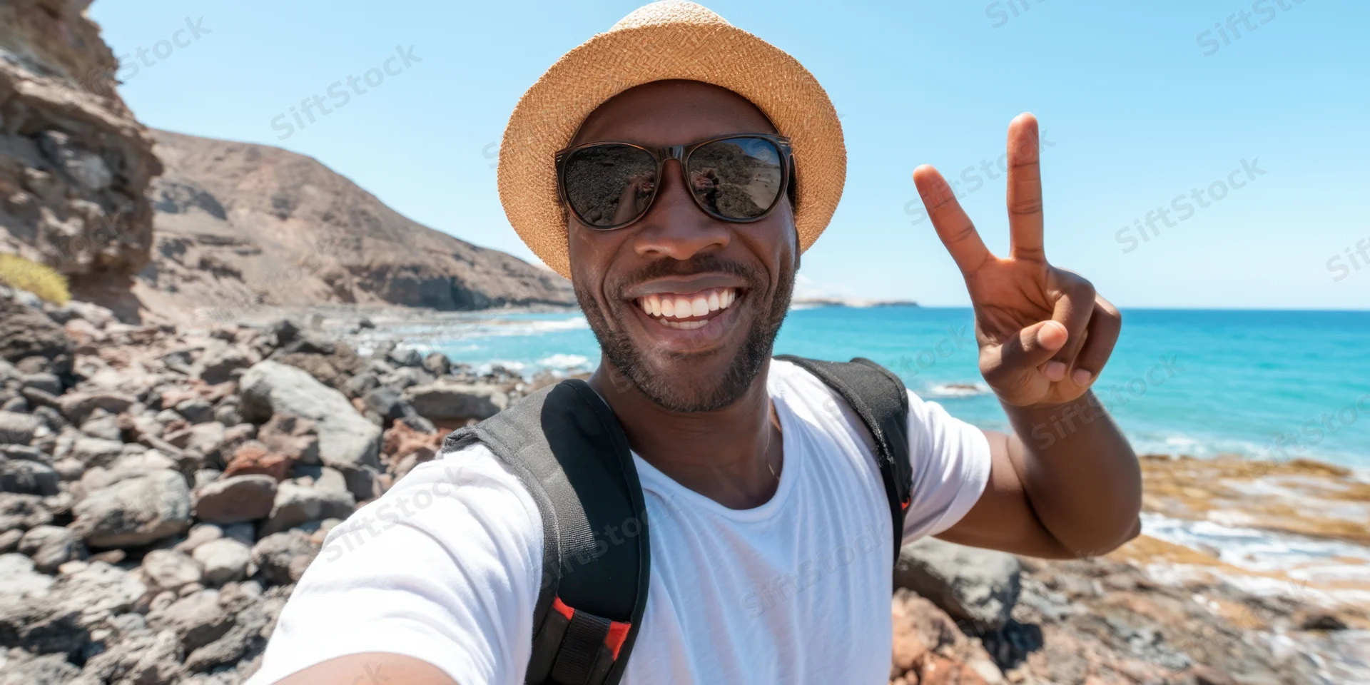 Smiling man taking selfie on rocky beach with ocean in background