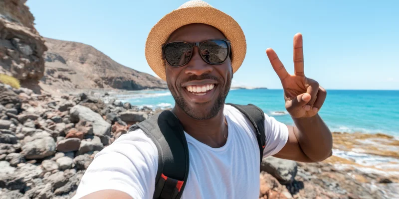 Smiling man taking selfie on rocky beach with ocean in background