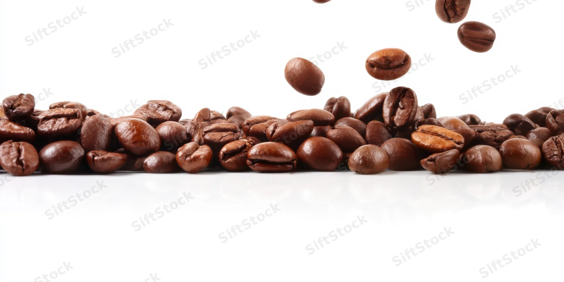 Roasted coffee beans falling and clustered along a white surface