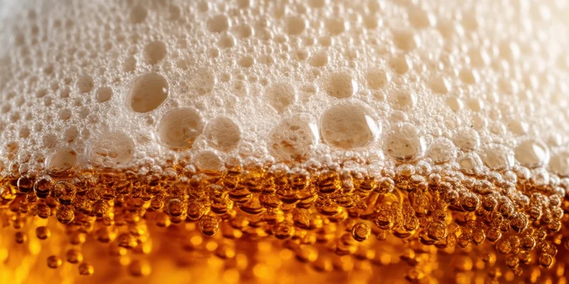 Macro close-up of foamy beer head over amber liquid with rising bubbles