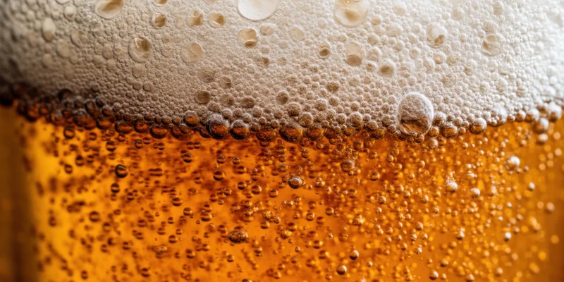 Close-up of foamy beer head with rising bubbles in a glass