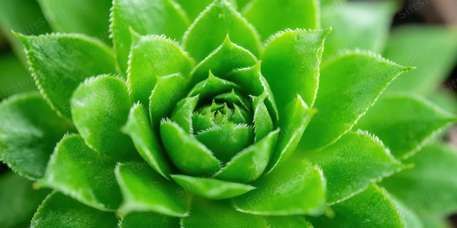 Close-up of a green rosette succulent with spiral leaves in a natural setting