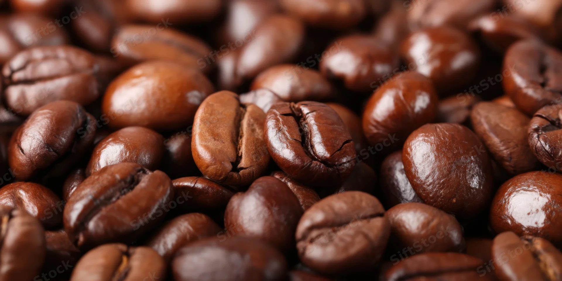 Close-up of glossy roasted coffee beans filling the frame