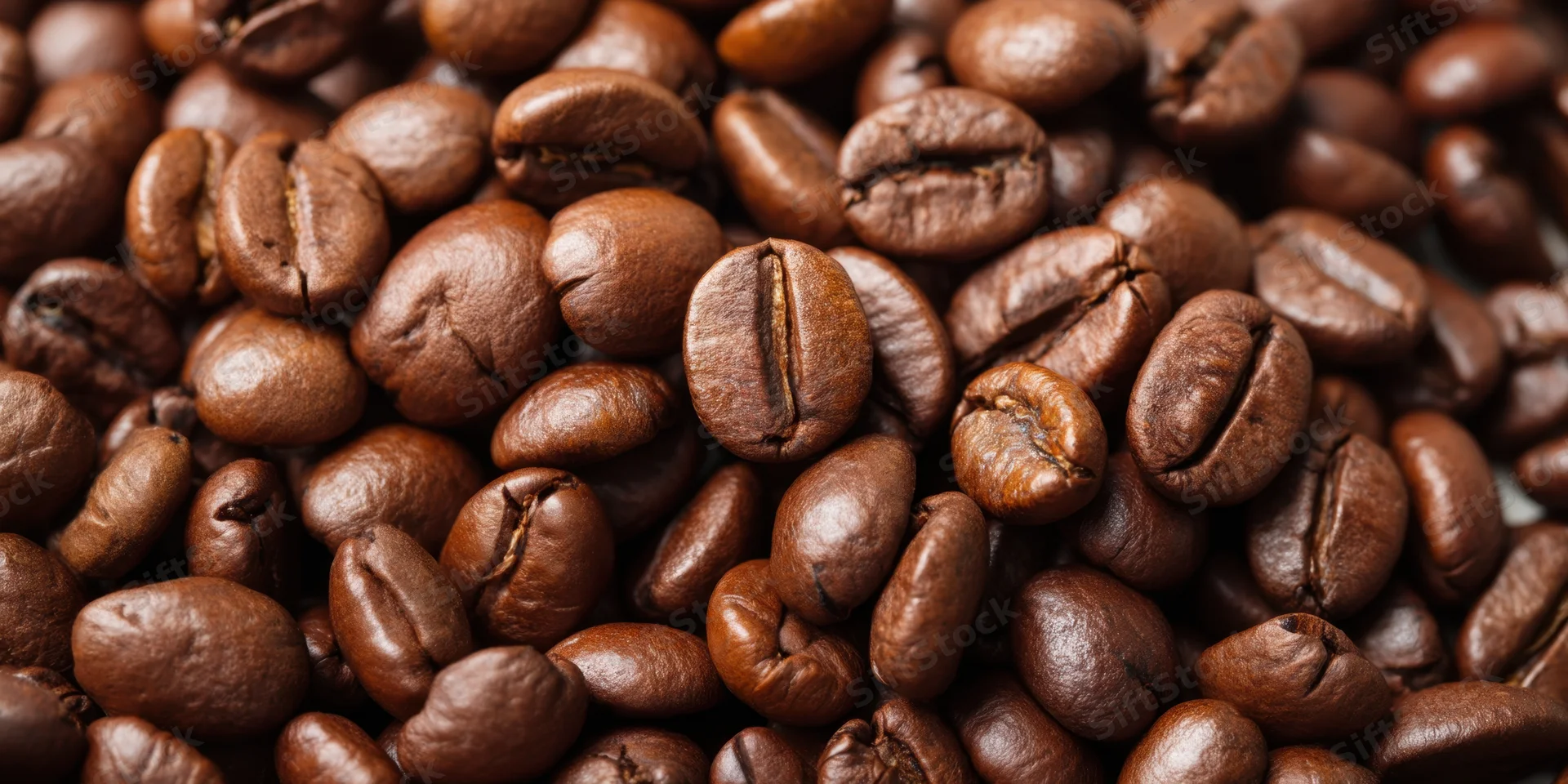 Closeup of glossy roasted coffee beans filling the frame