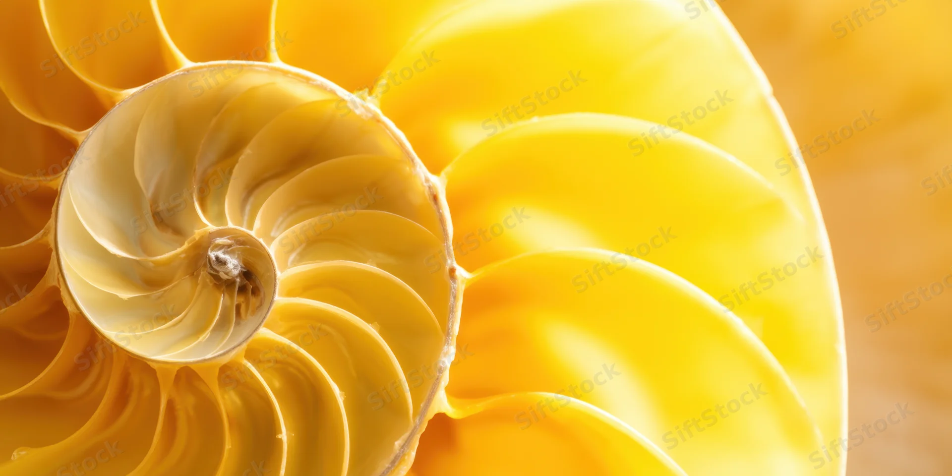 Closeup of a luminous yellow nautilus shell spiraling in with golden chambers and natural symmetry