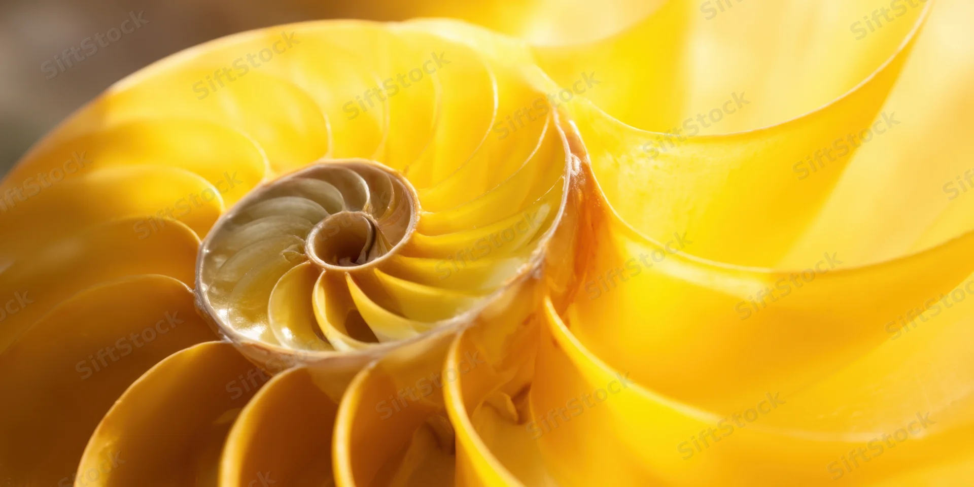 Closeup of a luminous yellow nautilus shell spiraling inwards with visible chambers and smooth glossy texture