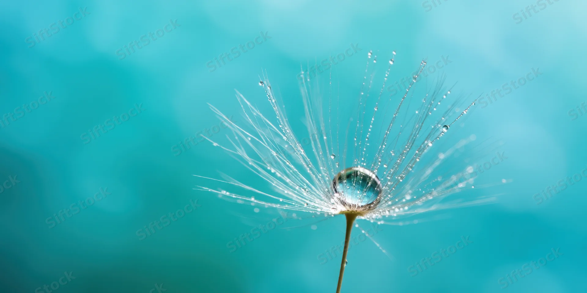 Macro closeup of a single dandelion seed with a crystal dew drop on a turquoise background