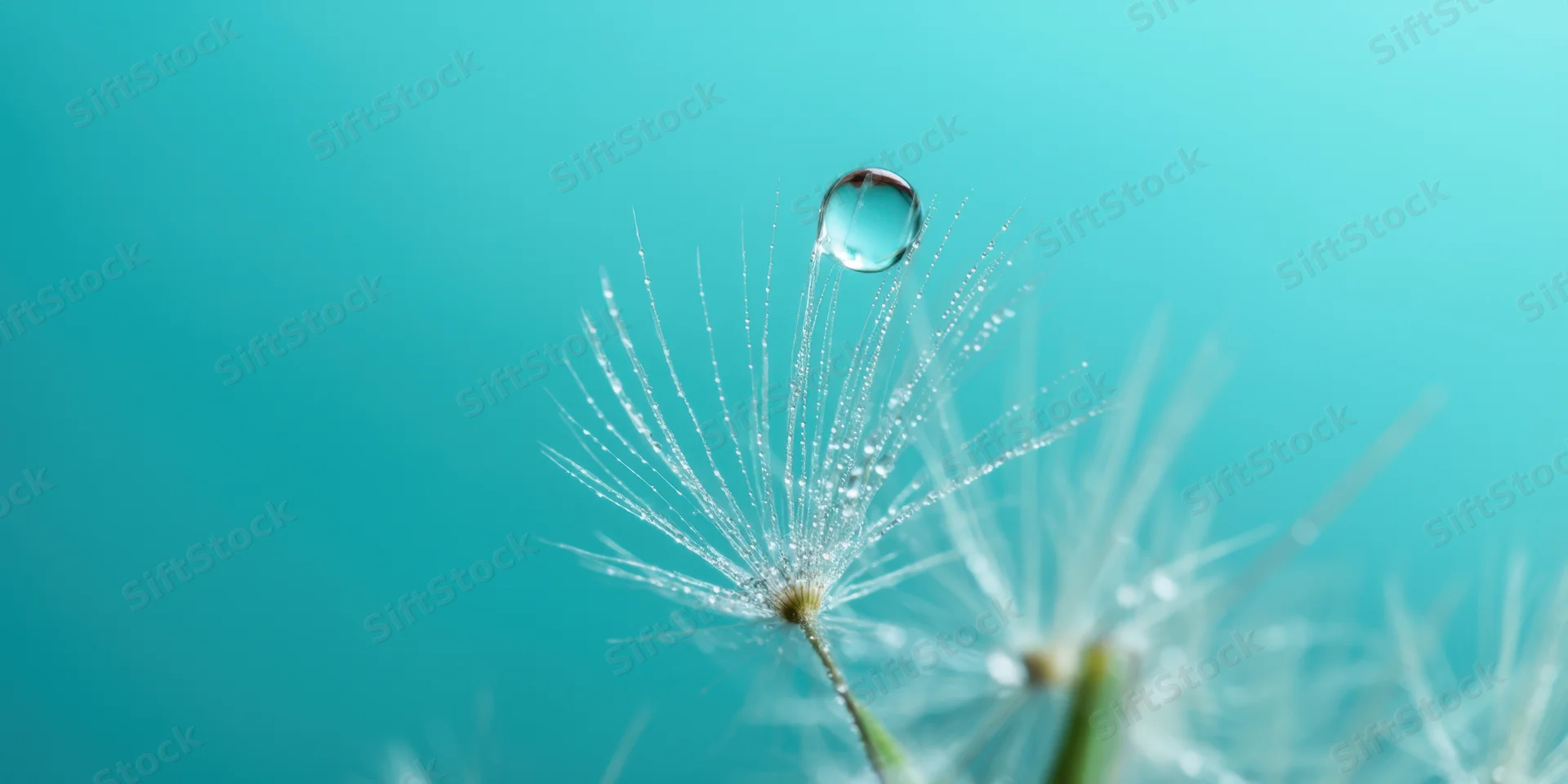 Macro view of a single dandelion seed with a dew drop on its filaments against a turquoise background