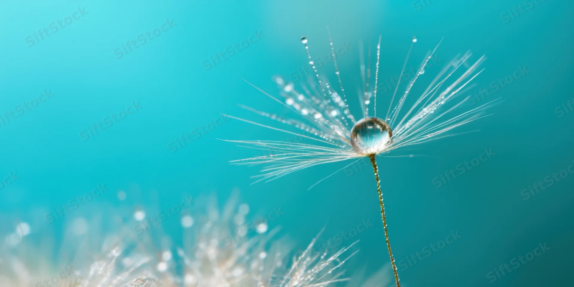 Single dandelion seed with dew drop on stem against blue background