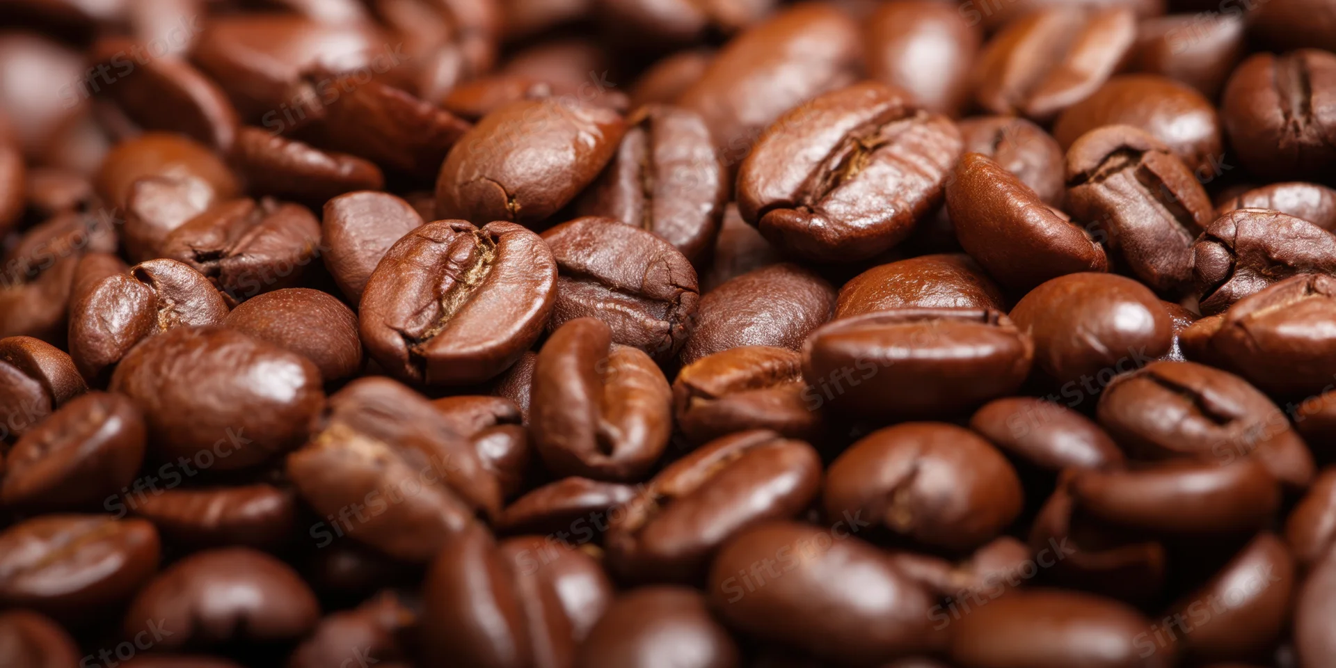 Closeup of glossy roasted coffee beans densely packed in a pile