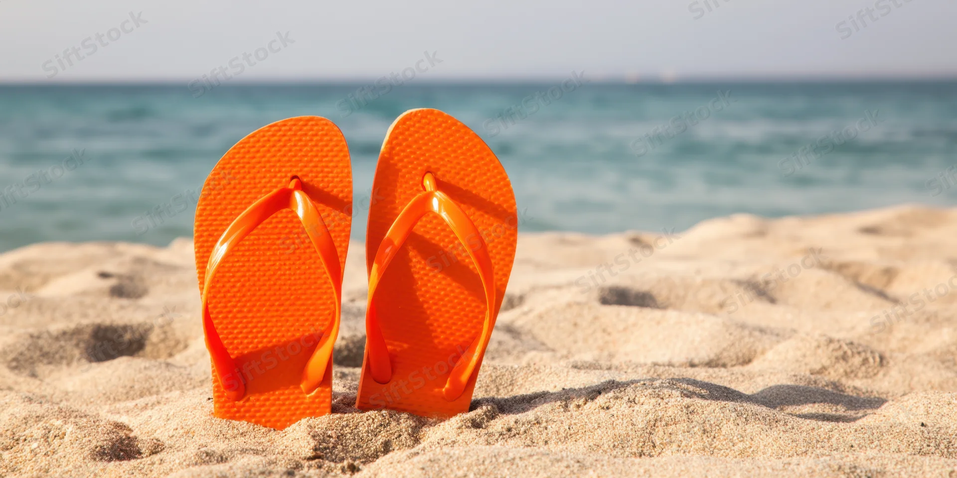 Bright orange flip-flops standing upright in sand on a sunlit beach with ocean in background