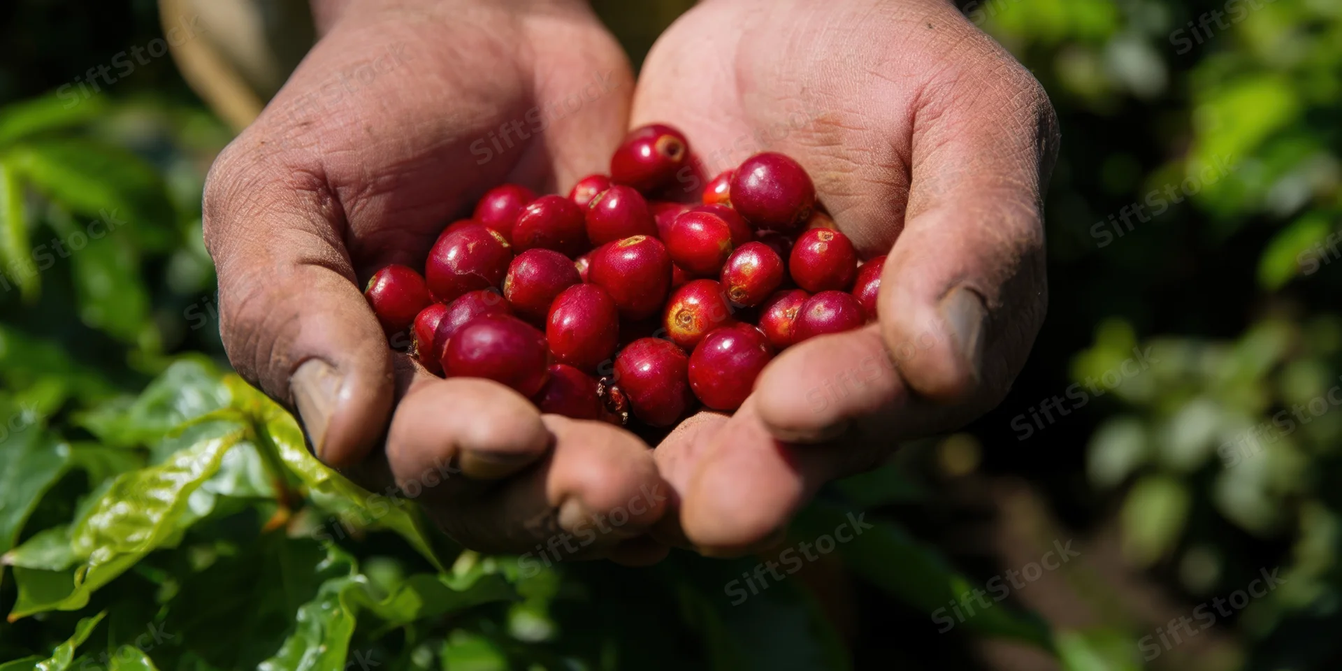Weathered hands holding ripe red coffee cherries in a lush green field