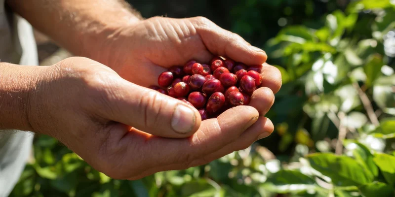 Weathered hands holding ripe red coffee cherries in a sunlit field