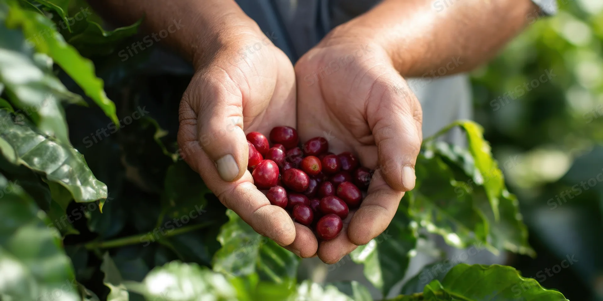 Weathered hands holding ripe red coffee cherries among green leaves in a coffee plantation