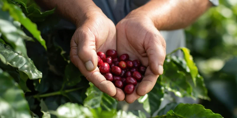 Weathered hands holding ripe red coffee cherries among green leaves in a coffee plantation