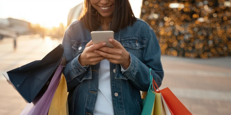Woman holding smartphone and colorful shopping bags outdoors in city at sunset
