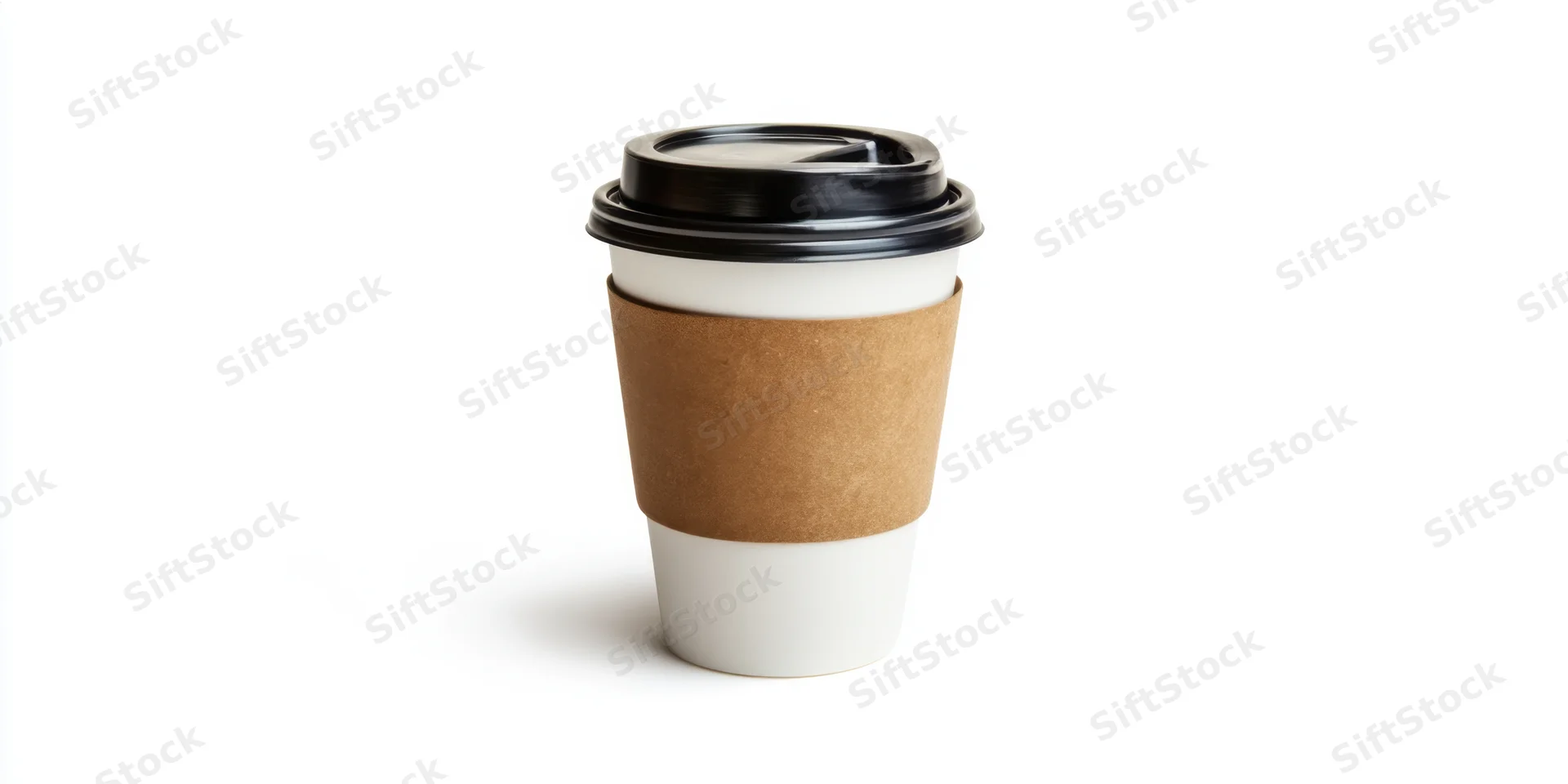 Disposable coffee cup with brown kraft sleeve and black lid on white background