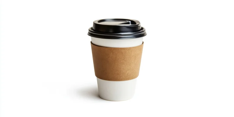 Disposable coffee cup with brown kraft sleeve and black lid on white background