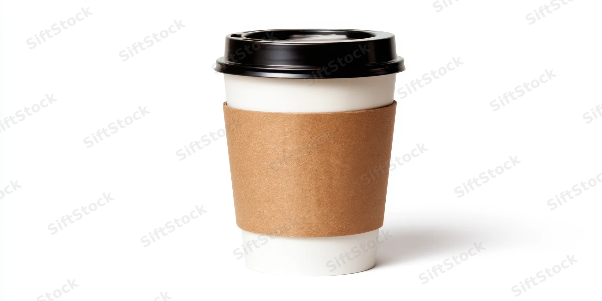Disposable coffee cup with brown kraft sleeve and black lid on white background