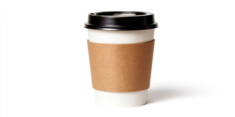 Disposable coffee cup with brown kraft sleeve and black lid on white background