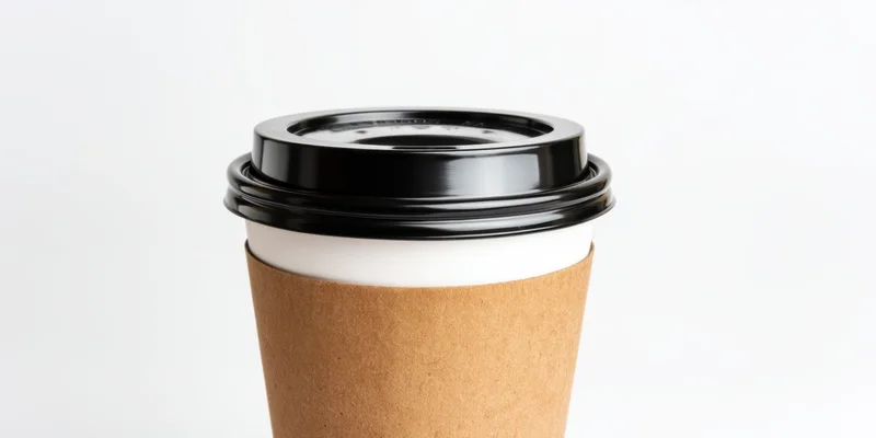 Disposable coffee cup with brown kraft sleeve and black plastic lid on white background