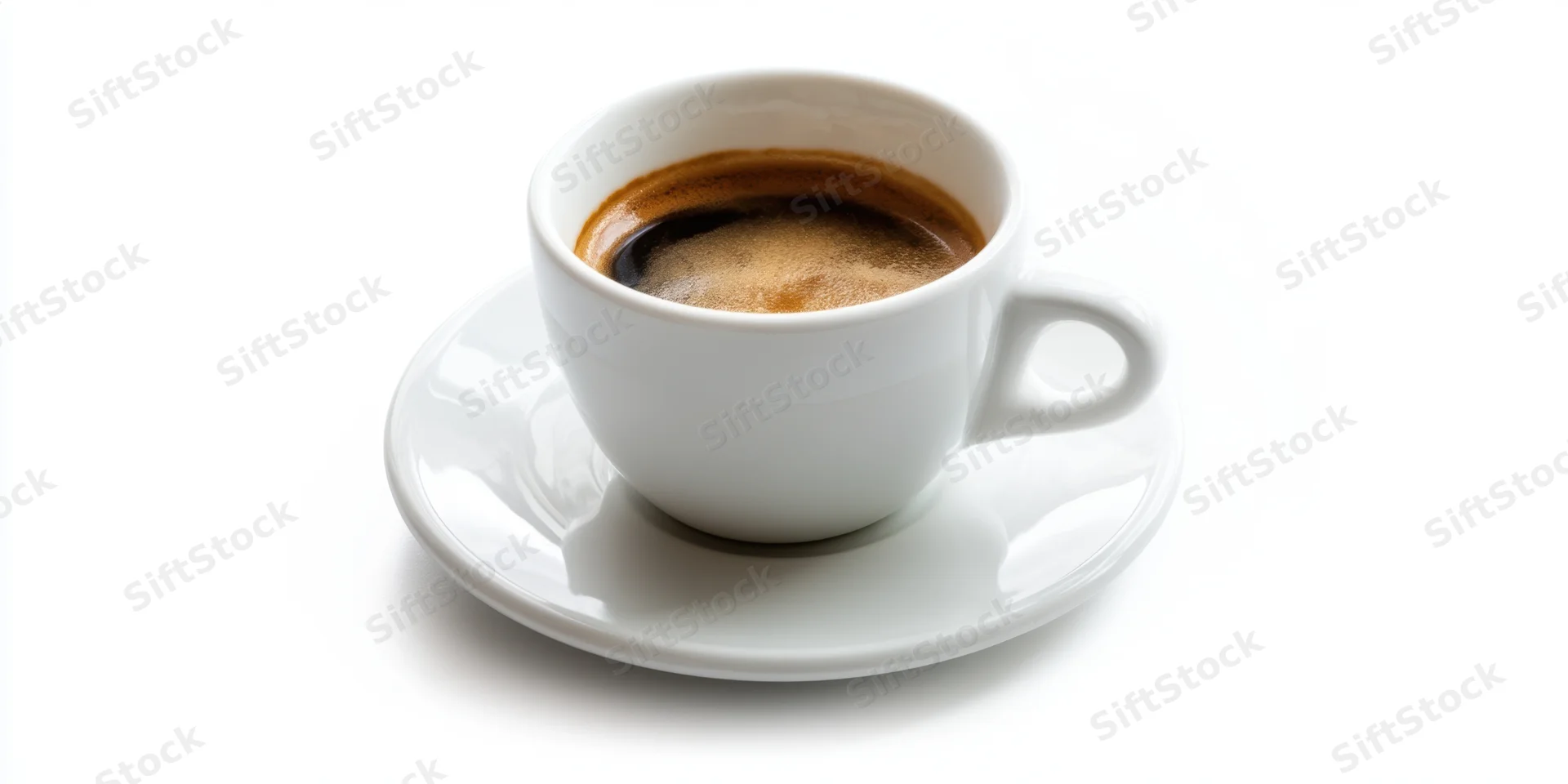 White ceramic coffee cup with espresso crema on matching saucer isolated on white background