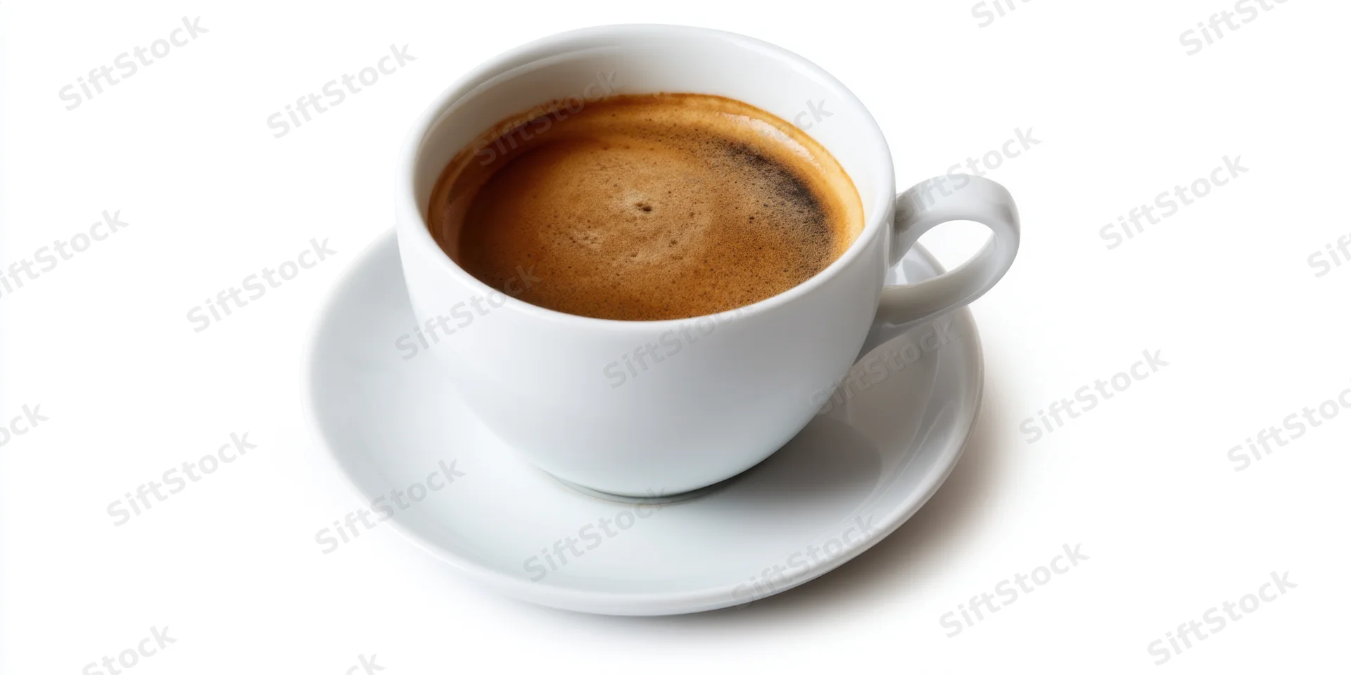 White ceramic coffee cup with espresso crema on matching saucer isolated on white background