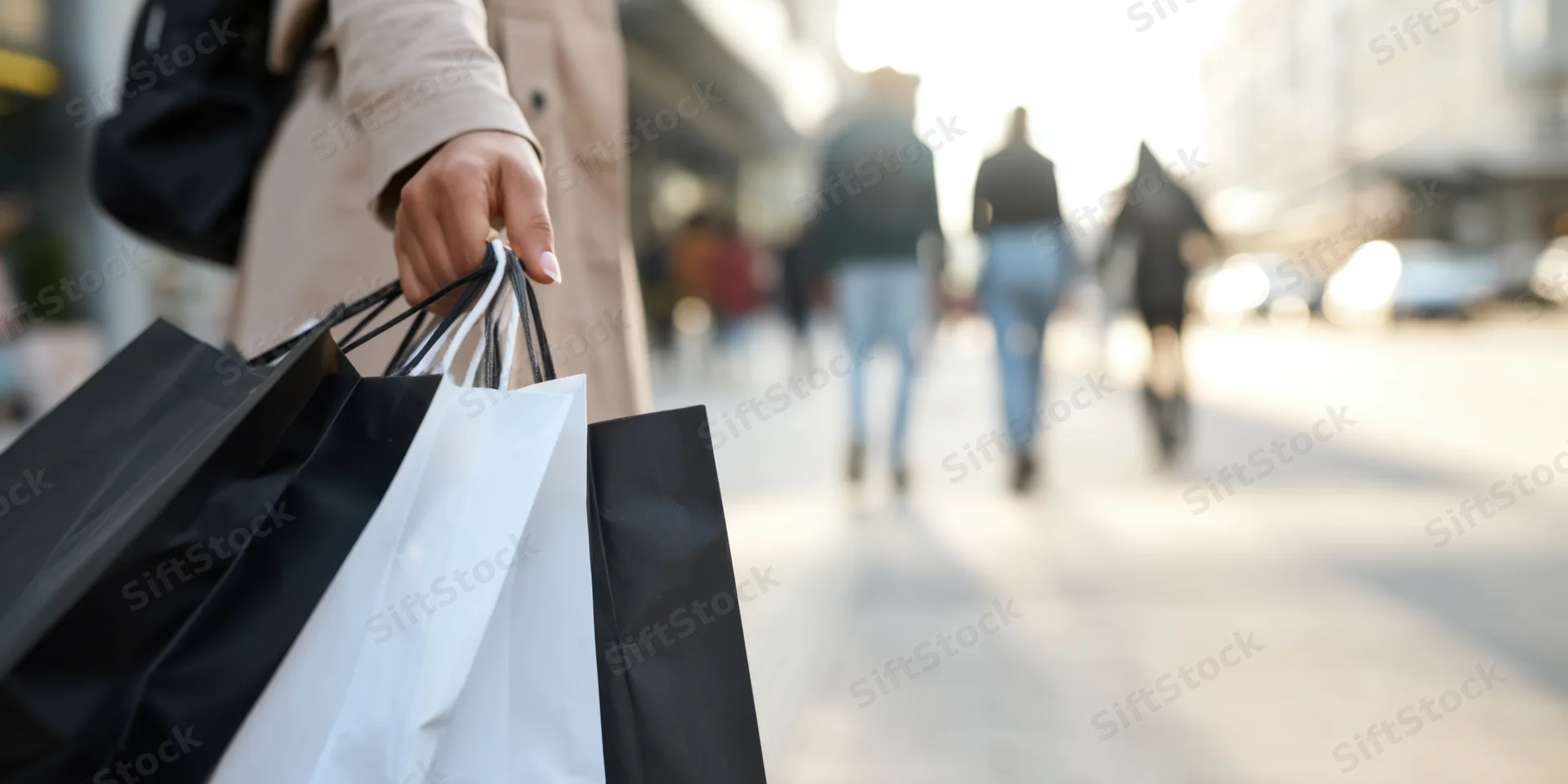 Woman holding black and white shopping bags on city sidewalk
