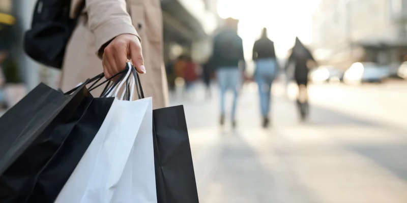 Woman holding black and white shopping bags on city sidewalk