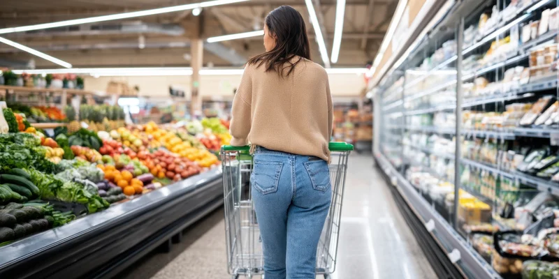 Woman pushing shopping cart through supermarket produce aisle