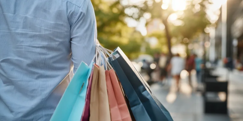 Woman in striped shirt carrying shopping bags on city sidewalk