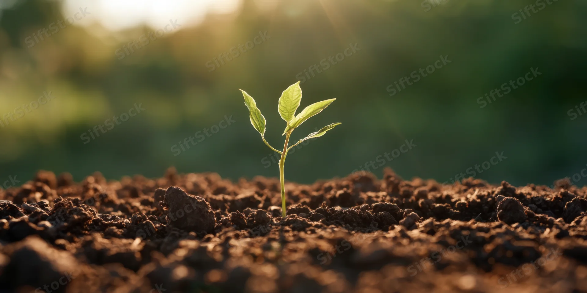 Young seedling emerging from rich soil under warm morning sunlight