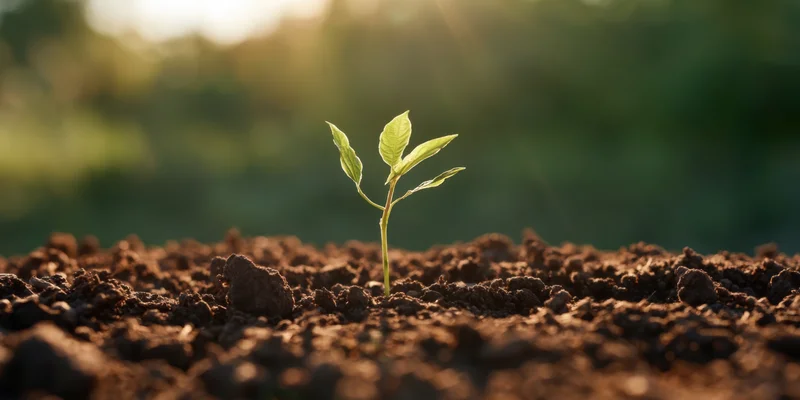 Young seedling emerging from rich soil under warm morning sunlight