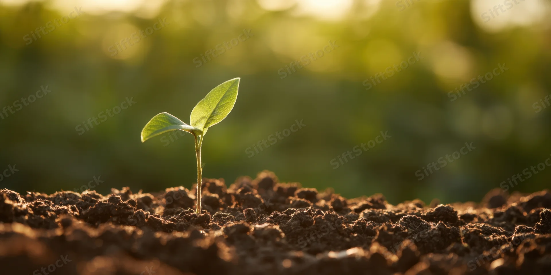 Young seedling emerging from rich soil under warm morning light