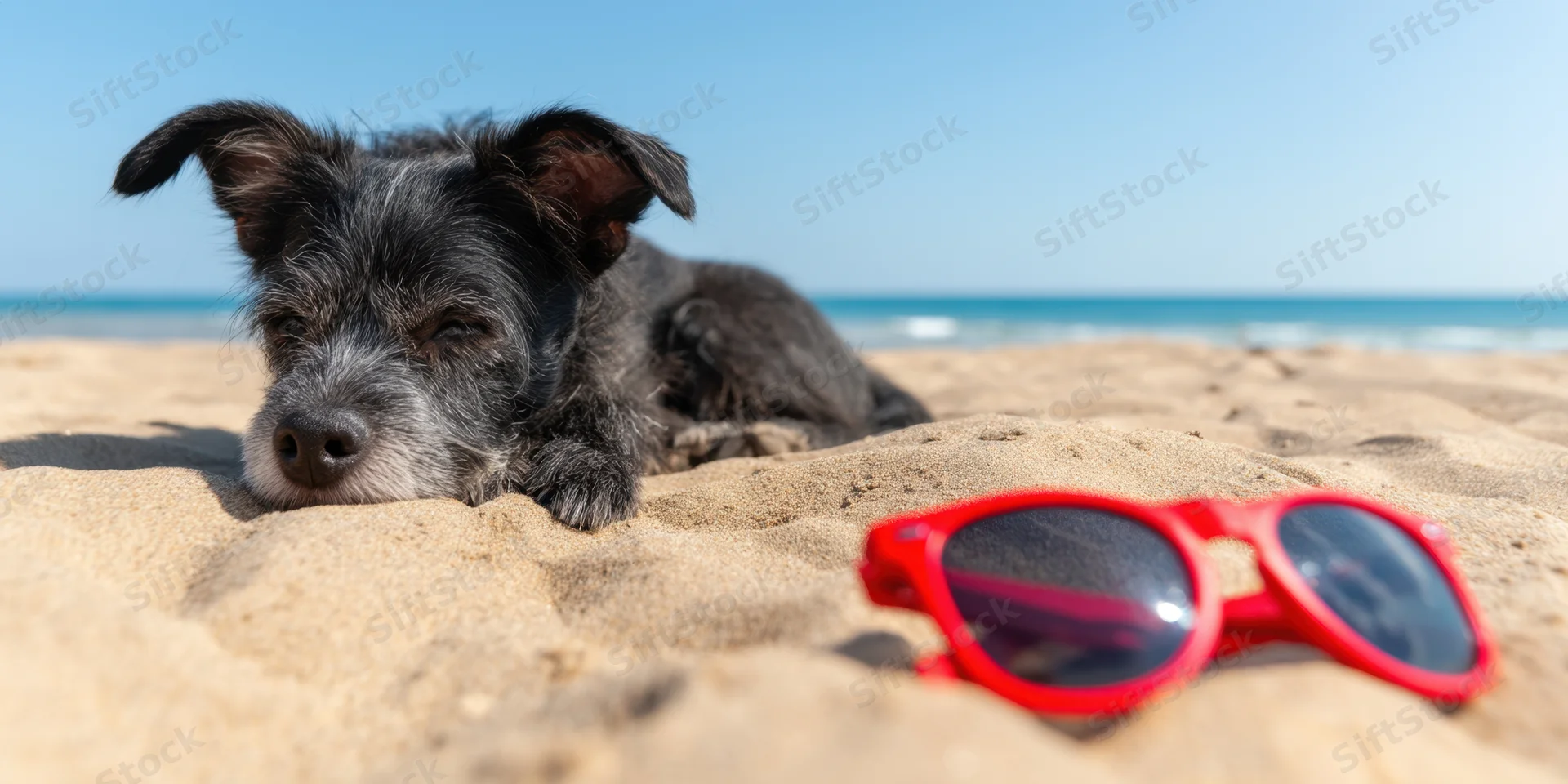 Small black dog resting on sandy beach with red sunglasses nearby