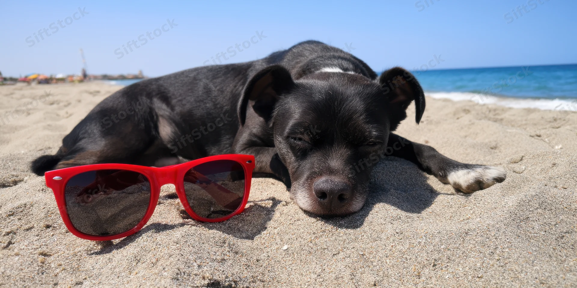 Black dog napping on sunlit beach sand with red sunglasses beside its head