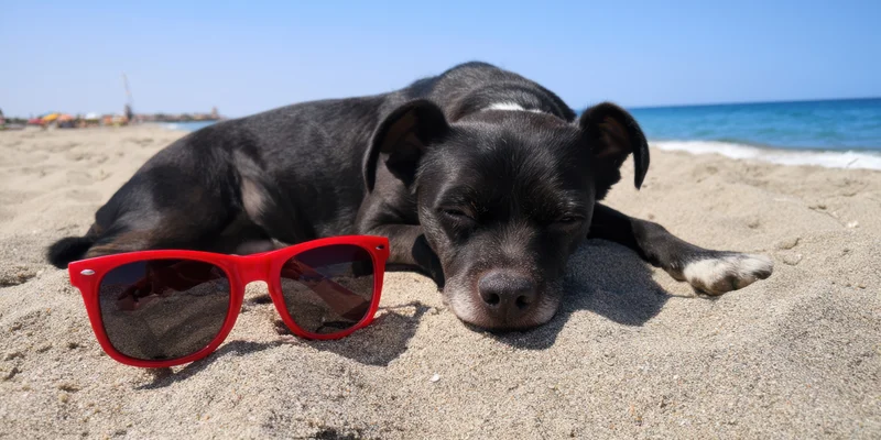 Black dog napping on sunlit beach sand with red sunglasses beside its head