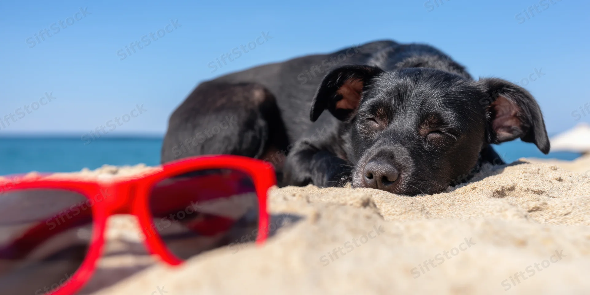 Black dog sleeping on sandy beach with red sunglasses nearby